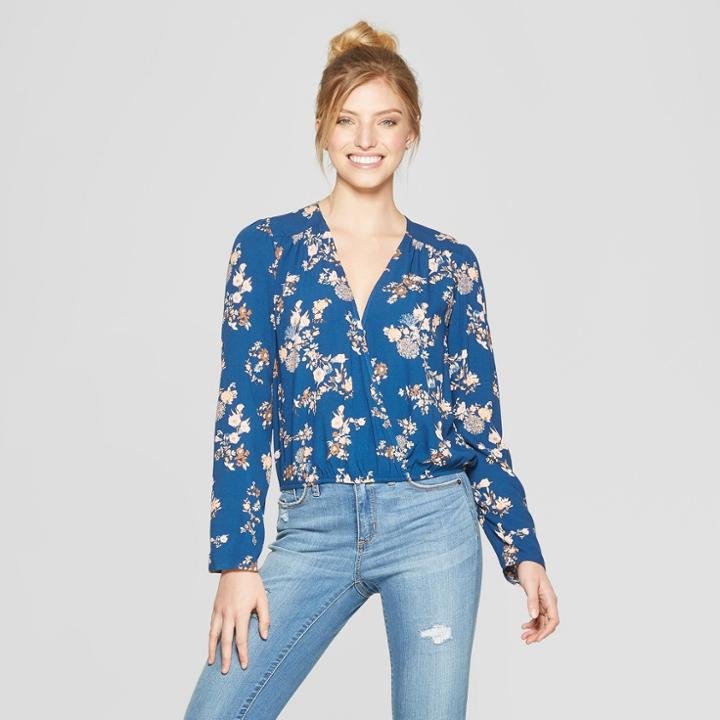 Women's Floral Print Long Sleeve Wrap Front Top - Xhilaration Blue