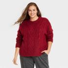 Women's Plus Size Crewneck Cable Stitch Pullover Sweater - A New Day Red