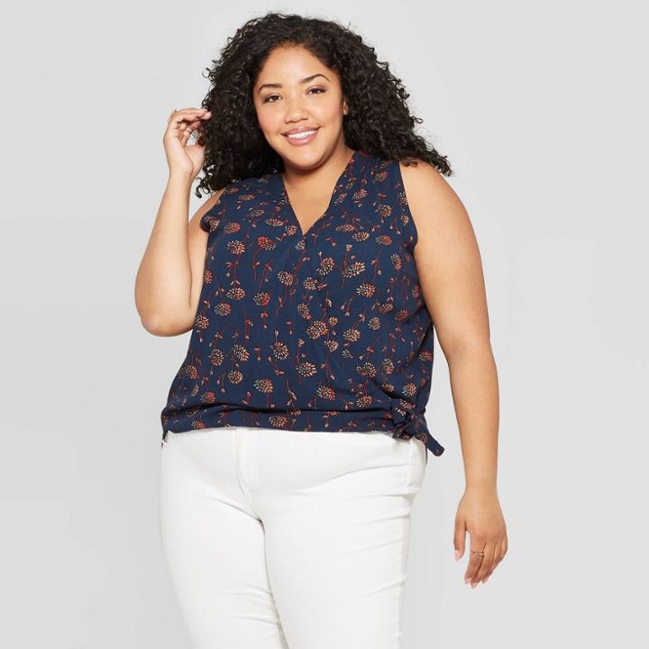 Women's Plus Size Floral Print Sleeveless V-neck Printed Wrap Top - Universal Thread Navy