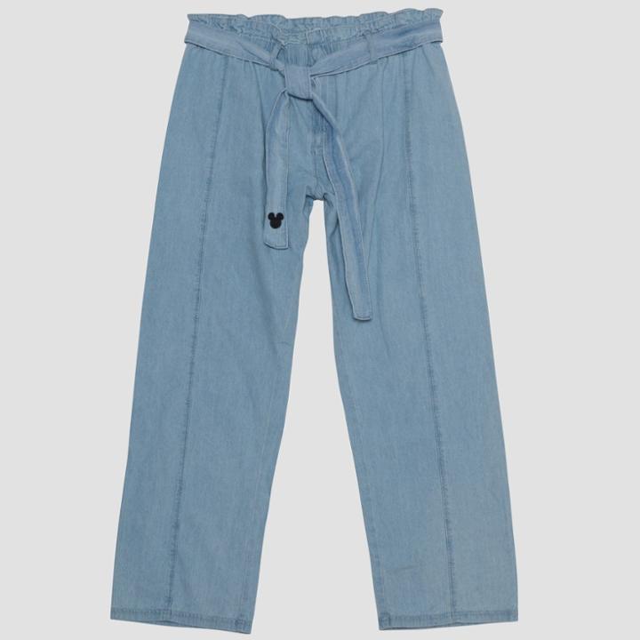 Junk Food Women's Plus Size Mickey Mouse Chambray Tie-front Wide Leg Ankle Pants - Blue