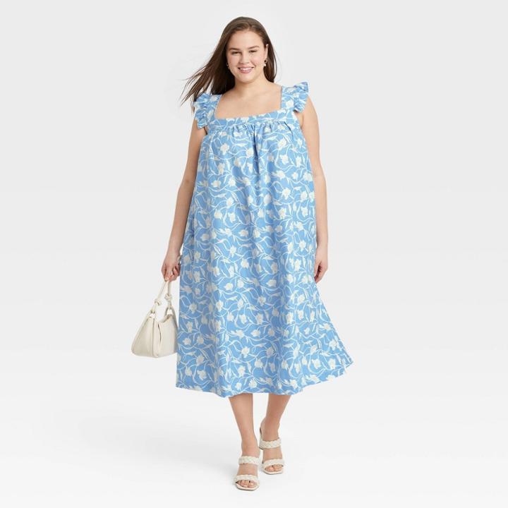 Women's Plus Size Ruffle Short Sleeve A-line Dress - A New Day Blue Floral Print