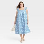 Women's Plus Size Ruffle Short Sleeve A-line Dress - A New Day Blue Floral Print