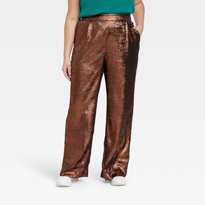 Women's Plus Size High-rise Metallic Wide Leg Pants - A New Day Copper