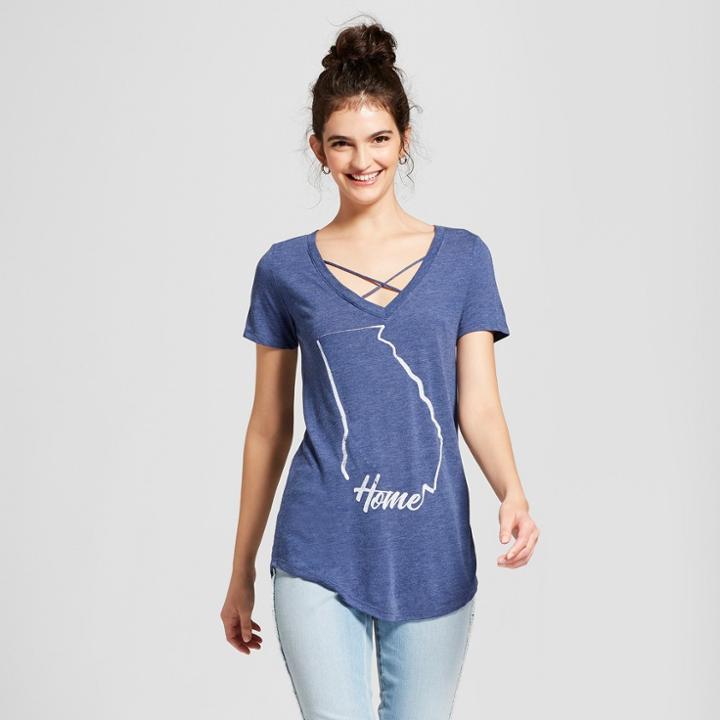 Women's Georgia State Outline Home Short Sleeve Cross Front Drapey Graphic T-shirt - Awake Navy