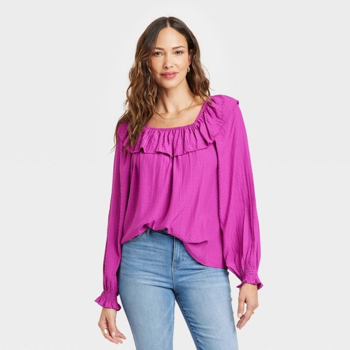 Women's Balloon Long Sleeve Ruffle Top - Knox Rose Purple
