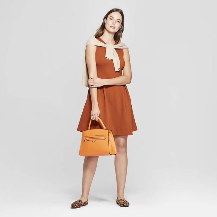 Women's Relaxed Fit Sleeveless Crew Neck Fit And Flare Ponte Dress - A New Day Rust (red)