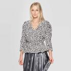Women's Leopard Print Puff Long Sleeve V-neck Ruched Peplum Blouse - Who What Wear Black