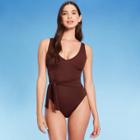 Women's Plunge Tie-front Wrap One Piece Swimsuit - Shade & Shore Dark Chocolate Brown