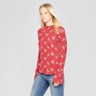 Women's Floral Print Long Sleeve Tie Neck Knit Top - Xhilaration Burgundy (red)
