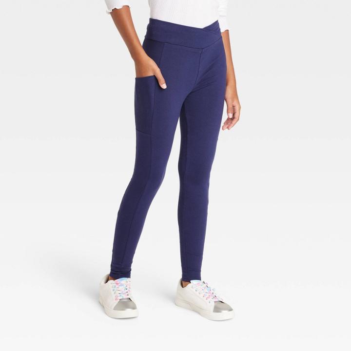 Girls' V-waist Pocket Leggings - Art Class Navy Blue
