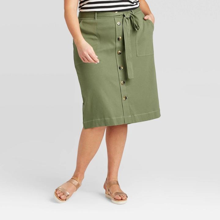 Women's Plus Size Button-front Midi Knit Skirt - Ava & Viv Green X, Women's