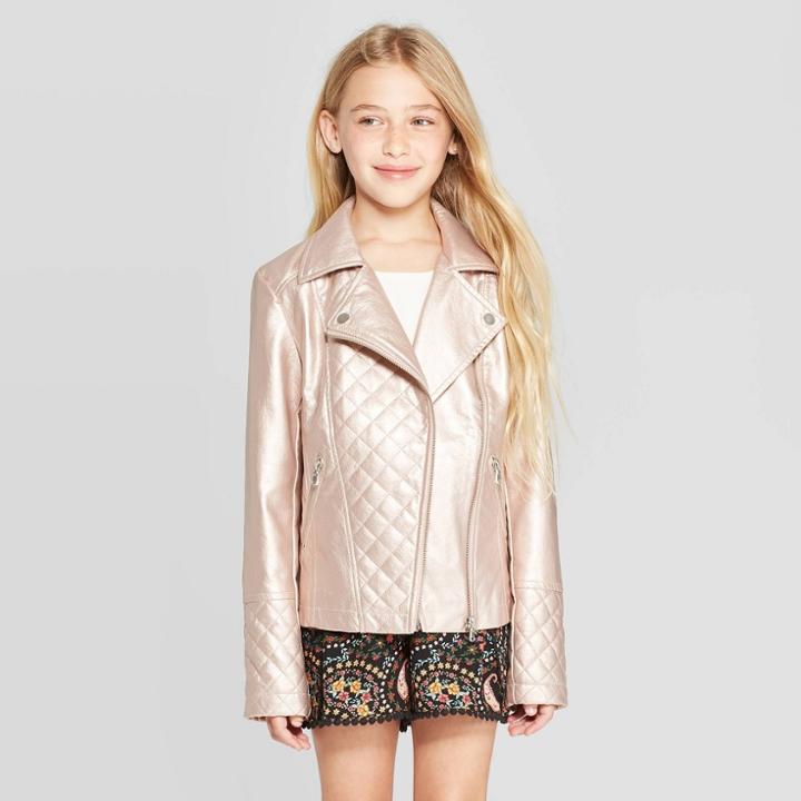 Girls' Metallic Moto Jacket - Art Class Blush Pink