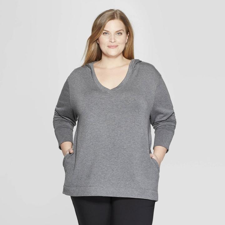 Women's Plus Size Long Sleeve V-neck Hoodie Sweater - Prologue Heather Gray