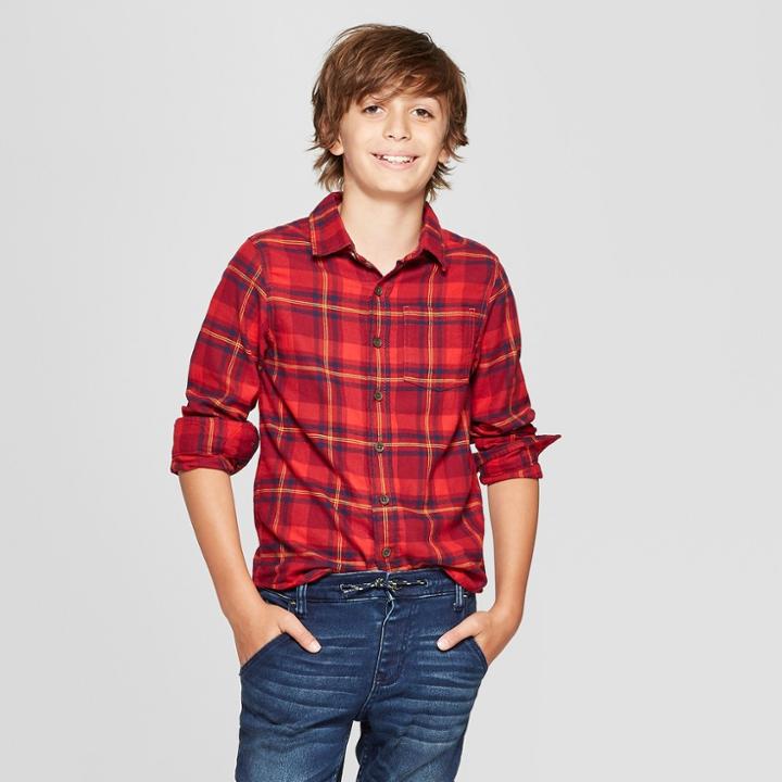 Boys' Classic Flannel Plaid Long Sleeve Button-down Shirt - Cat & Jack Red