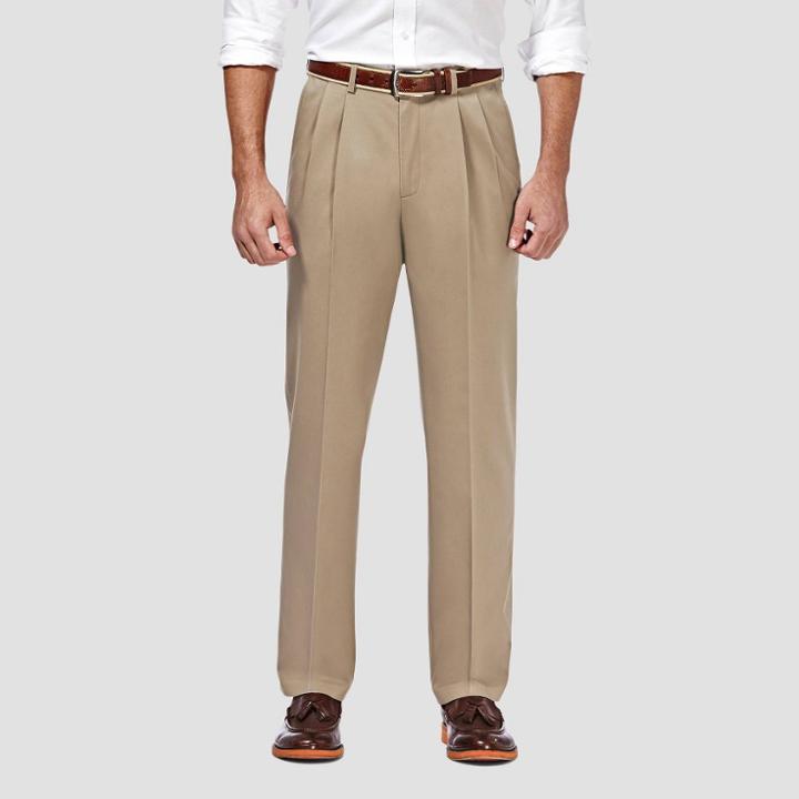 Haggar Men's Premium No Iron Classic Fit Pleated Casual Pants - Khaki 32x30,