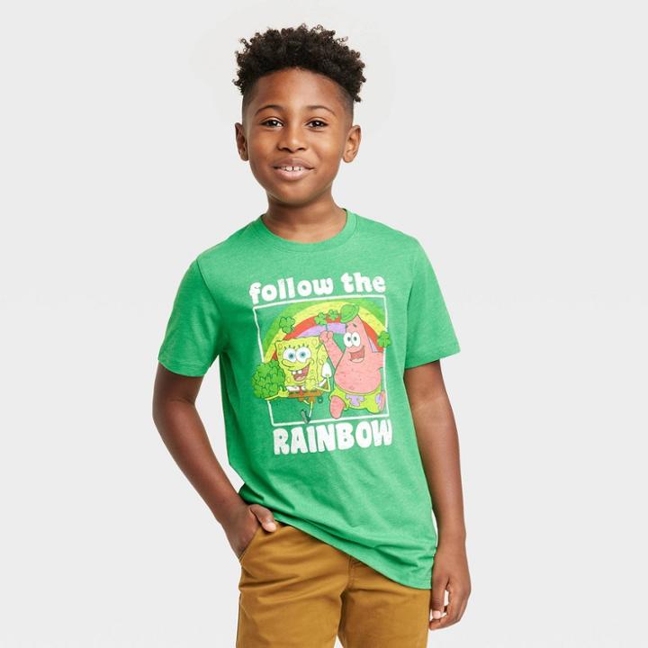 Boys' Spongebob Squarepants St. Patrick's Day Rainbow Short Sleeve Graphic T-shirt - Heather Green