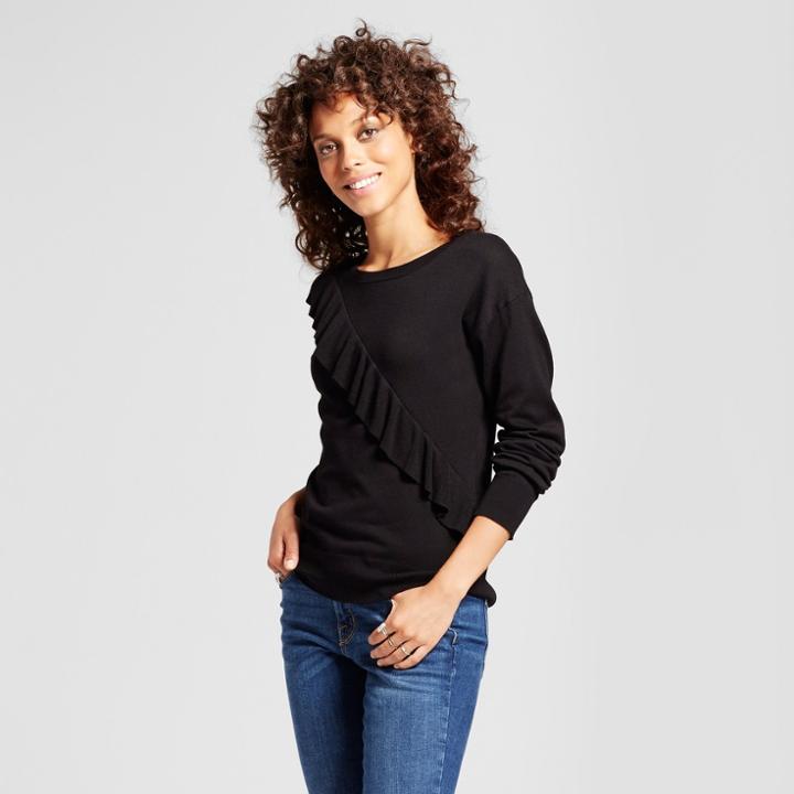 Women's Asymmetrical Ruffle Crew Neck Pullover - Alison Andrews Black