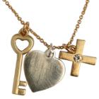 Zirconite Heart, Key And Cross Charms Pendant Necklace Silver