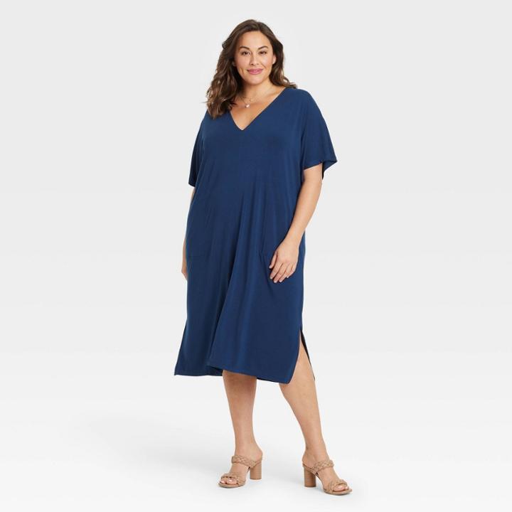 Women's Plus Size Dolman Short Sleeve Dress - Ava & Viv Dark Blue