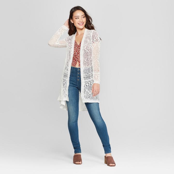 Women's Long Sleeve Slub Pointelle Duster Cardigan - Almost Famous (juniors') Ivory