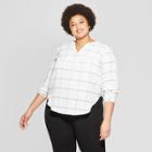 Women's Plus Size Plaid Long Sleeve Woven Popover - Ava & Viv White X