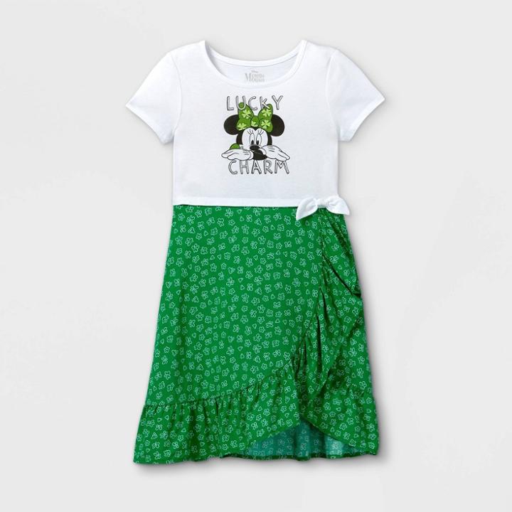 Girls' Disney Minnie Mouse 'lucky Charm' Dress - Green/white