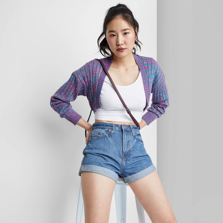 Women's Super-high Rise Rolled Cuff Mom Jean Shorts - Wild Fable Medium Wash 00, Medium Blue Embroidered