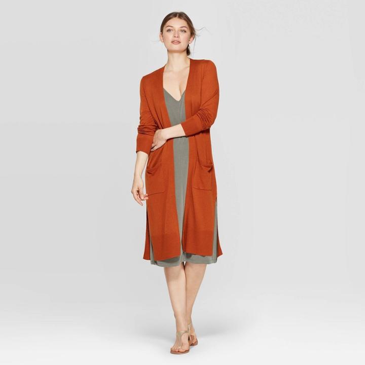 Target Women's Ribbed Cuff Long Sleeve Dust Cardigan - A New Day Rust (red)