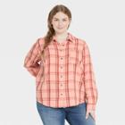 Women's Plus Size Long Sleeve Gauze Button-down Shirt - Universal Thread Coral Pink Plaid