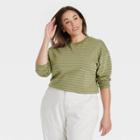 Women's Plus Size Striped Long Sleeve French T-shirt - A New Day Olive Green
