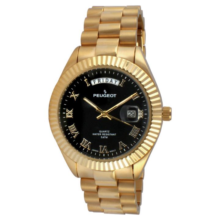 Peugeot Watches Men's Peugeot 14k Gold Plated Stainless Steel Bracelet Watch - Gold/black