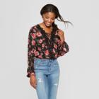 Women's Floral Print Long Sleeve Lace-up Trim Top - Xhilaration Black