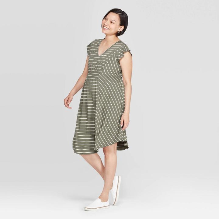 Target Maternity Striped Short Sleeve V-neck Smocked Front Dress - Isabel Maternity By Ingrid & Isabel Olive/white S, Women's, Green