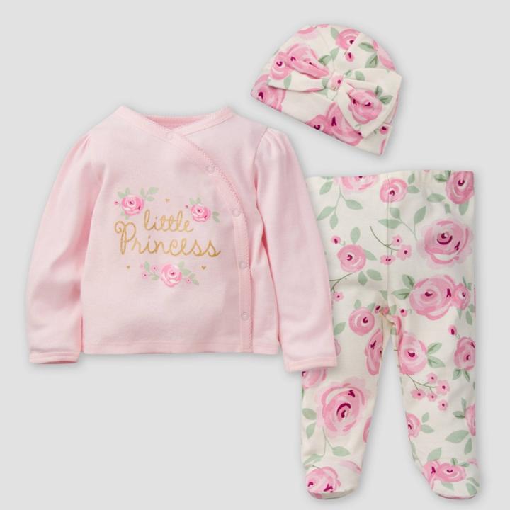 Gerber Baby Girls' 3pc Floral Take Me Home Top And Bottom Set - Pink/off-white Newborn