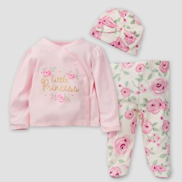 Gerber Baby Girls' 3pc Floral Take Me Home Top And Bottom Set - Pink/off-white Newborn