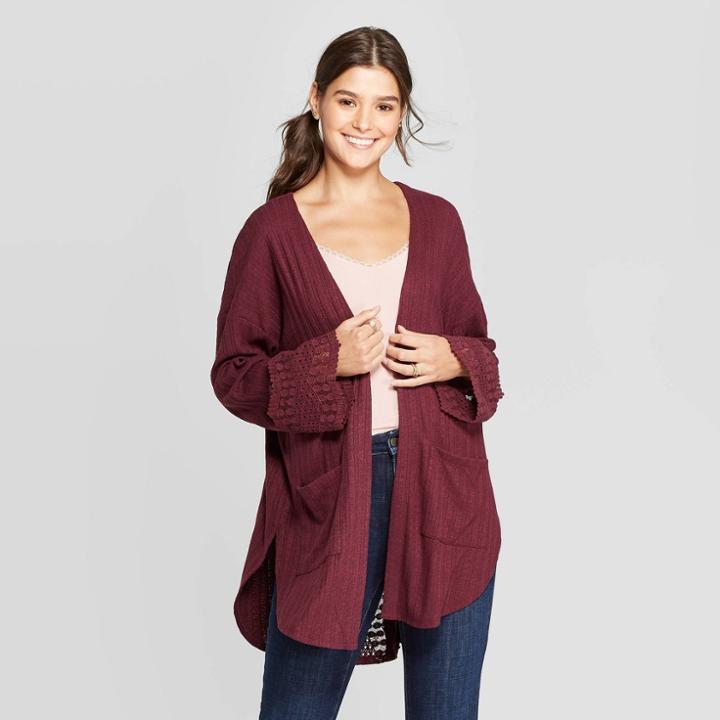 Women's Long Sleeve Open Neck Lace Trim Cardigan - Xhilaration Plum Xs, Women's, Purple