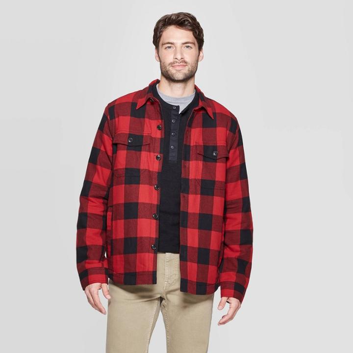Men's Plaid Sherpa Lined Shirt Jacket - Goodfellow & Co Black L, Men's,