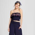 Women's Floral Print Off The Shoulder Embroidered Top - Xhilaration Navy