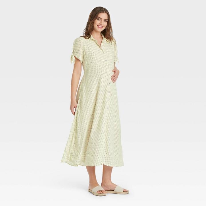 The Nines By Hatch Tie Short Sleeve Crepe Maternity Dress Cream Polka Dot Xs, Ivory Polka Dot