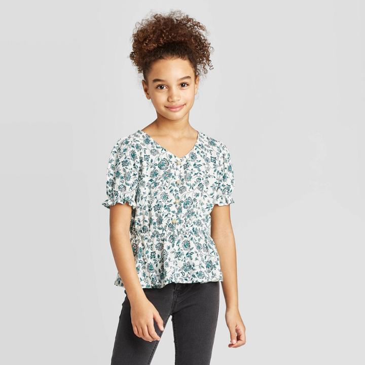 Petitegirls' Button-front V-neck Short Sleeve T-shirt - Art Class Blue S, Girl's,