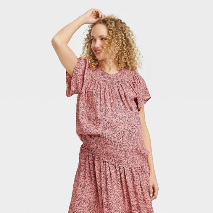 The Nines By Hatch Flutter Short Sleeve Smocked Maternity Top Clay Pink