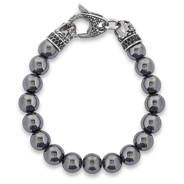 Men's Crucible Stainless Steel Dragon With Polished Hematite Onyx Beaded Bracelet,