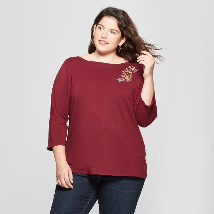 Women's Plus Size Boatneck 3/4 Sleeve T-shirt - Ava & Viv Burgundy X, Red