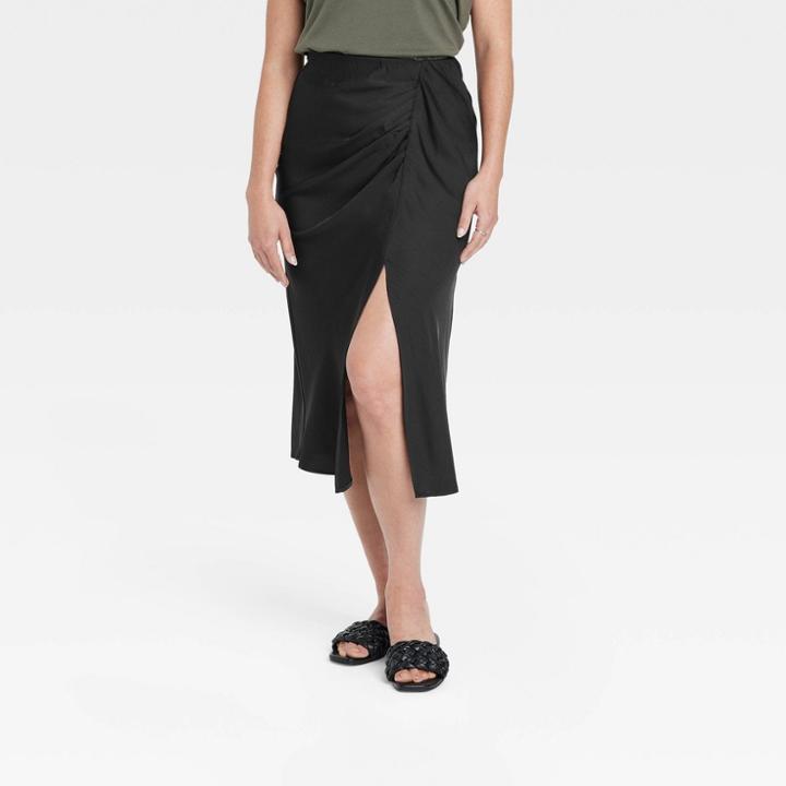 Women's Ruched Satin Midi Slip Skirt - A New Day Black