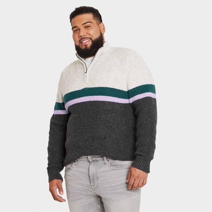 Men's Tall Regular Fit Zip-up Crewneck Striped Pullover Sweater - Goodfellow & Co