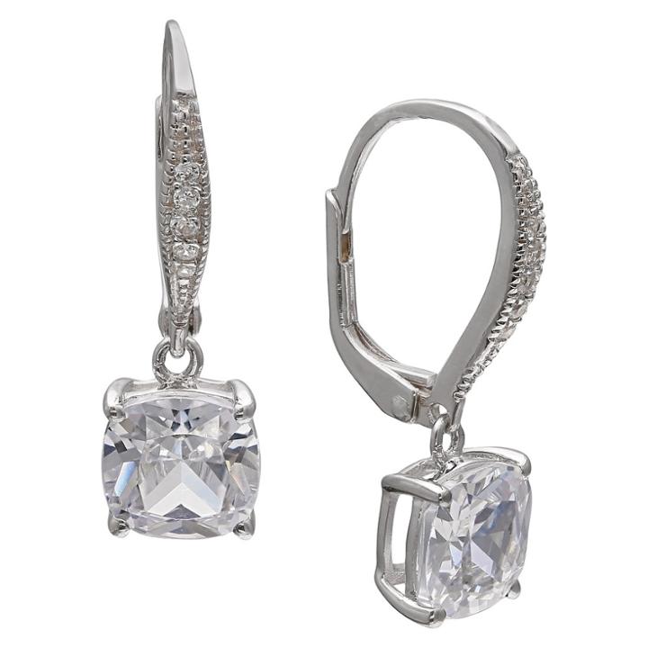 Target Women's Leverback Drop Earrings With Cushion Cut Clear Cublic Zirconia In Sterling Silver - Clear/gray
