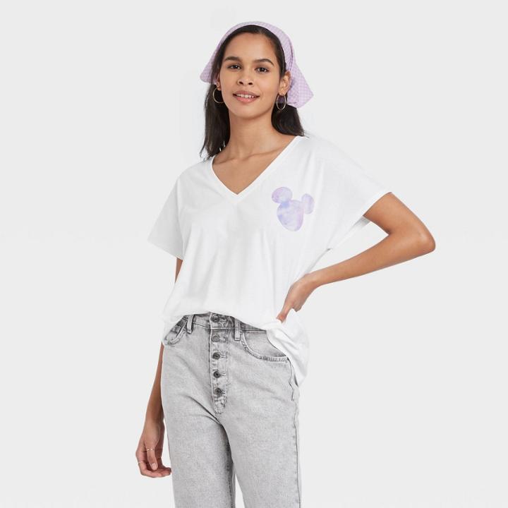 Women's Disney Mickey Watercolor Short Sleeve Graphic T-shirt - White