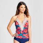 Sea Angel Women's Floral Lace Halter Tankini Top - Blue Floral D/dd Cup