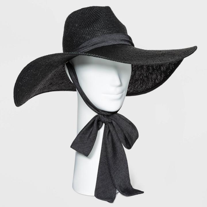 Women's Wide Brim Straw Fedora Hat With Ties - A New Day Black