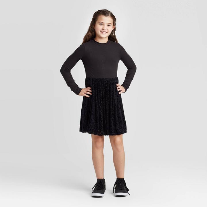 Girls' Long Sleeve Mixed Media Dress - Art Class Black